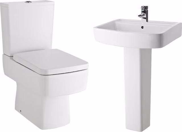 Balterley Optic Compact Suite White Ceramic Toilet with Soft-Close Seat and 600mm Basin Pedestal – 1