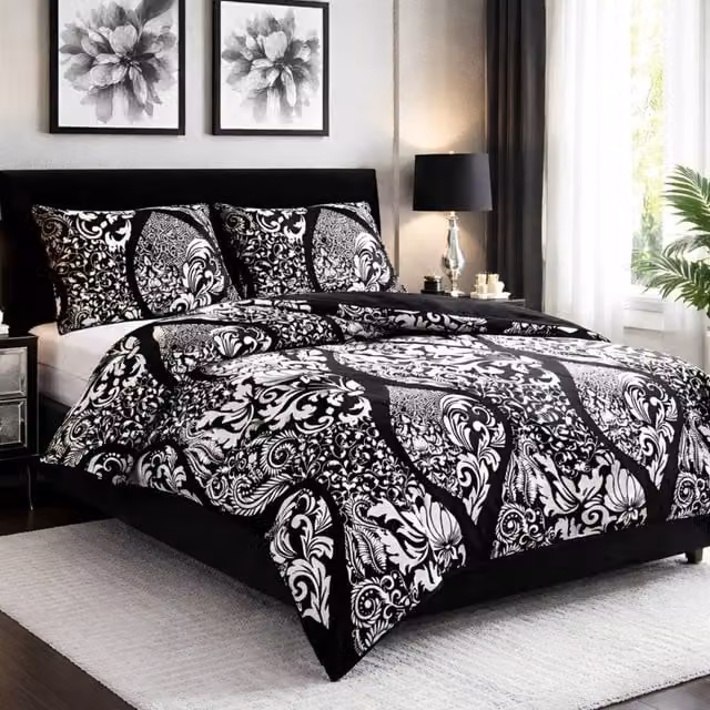 Pamposh Reversible Microfibre Duvet Cover and Pillowcase Set in Black and White, Double, 140 x 200 cm – 1