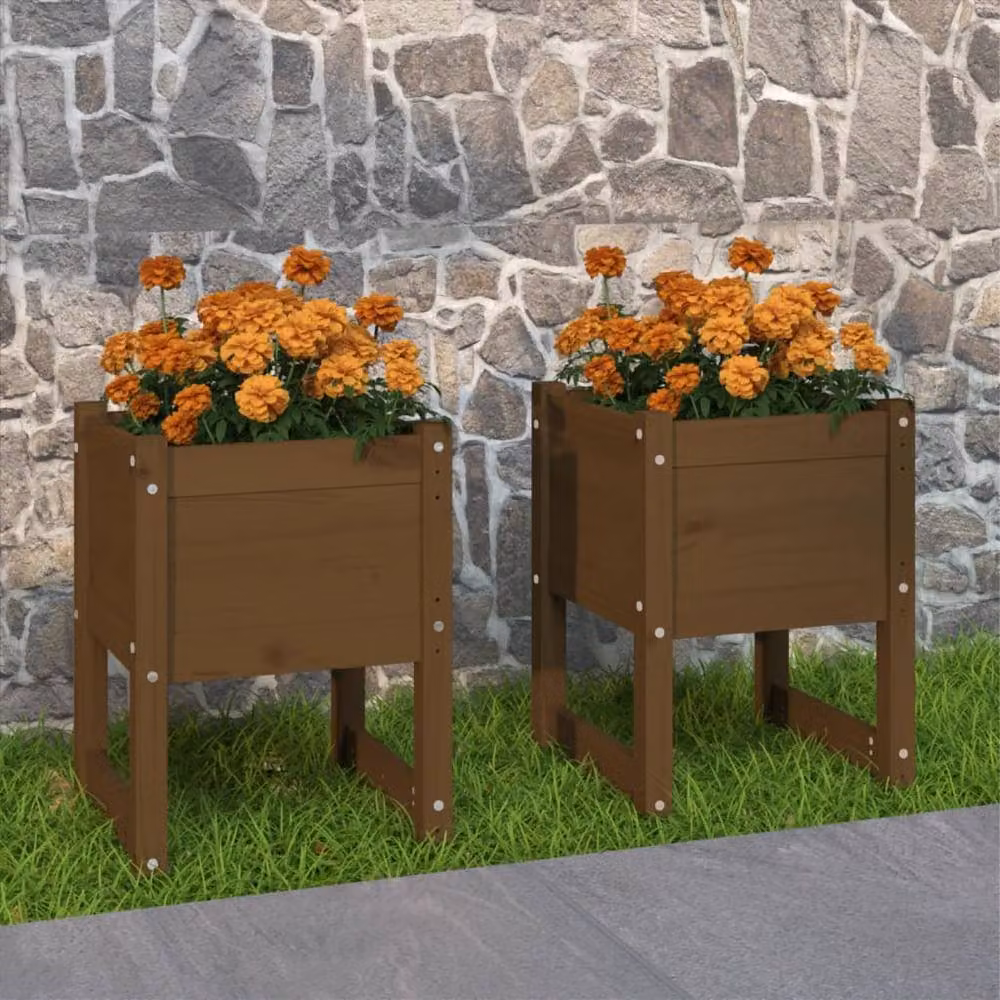 Berkfield Home Set of 2 Solid Wood Pine Planter Tubs, Brown, W/D/H: 40 x 40 x 52.5 cm – 2