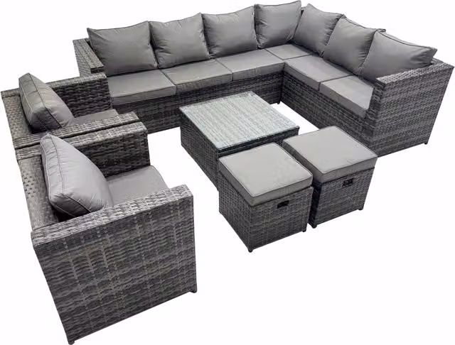 Fimous Garden Furniture Set with 3-Seater Sofa, 2 Chairs, 2 Stools and Cushions in Dark Grey