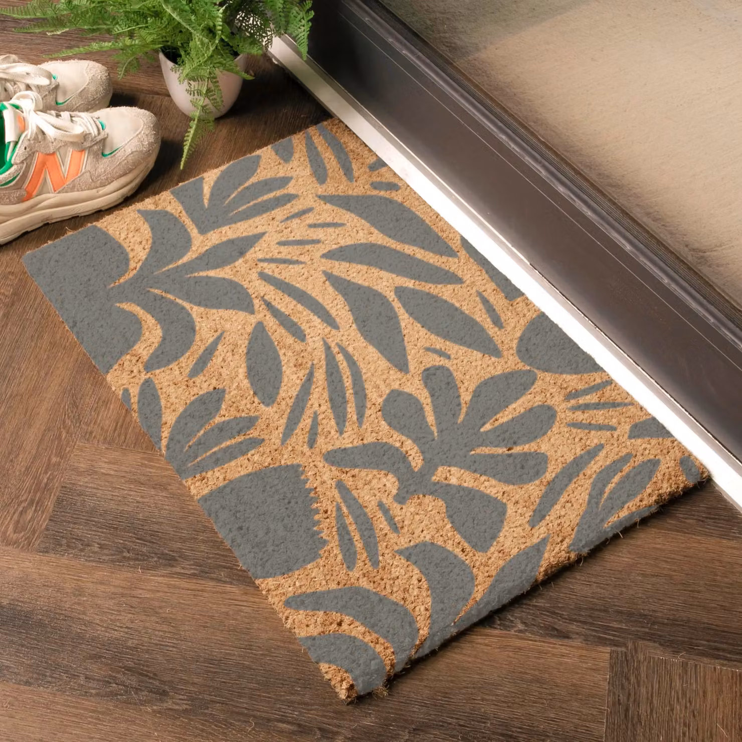 Artsy Mats Grey Abstract Floral Leaf Pattern Coir and Natural Rubber Doormat, W/D: 60 x 40 cm – 2