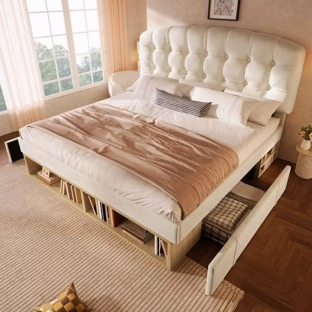 Matteo Velvet Double Bed Frame with Storage Drawers and Adjustable Headboard in Beige, W/D/H: 135 x 190 cm