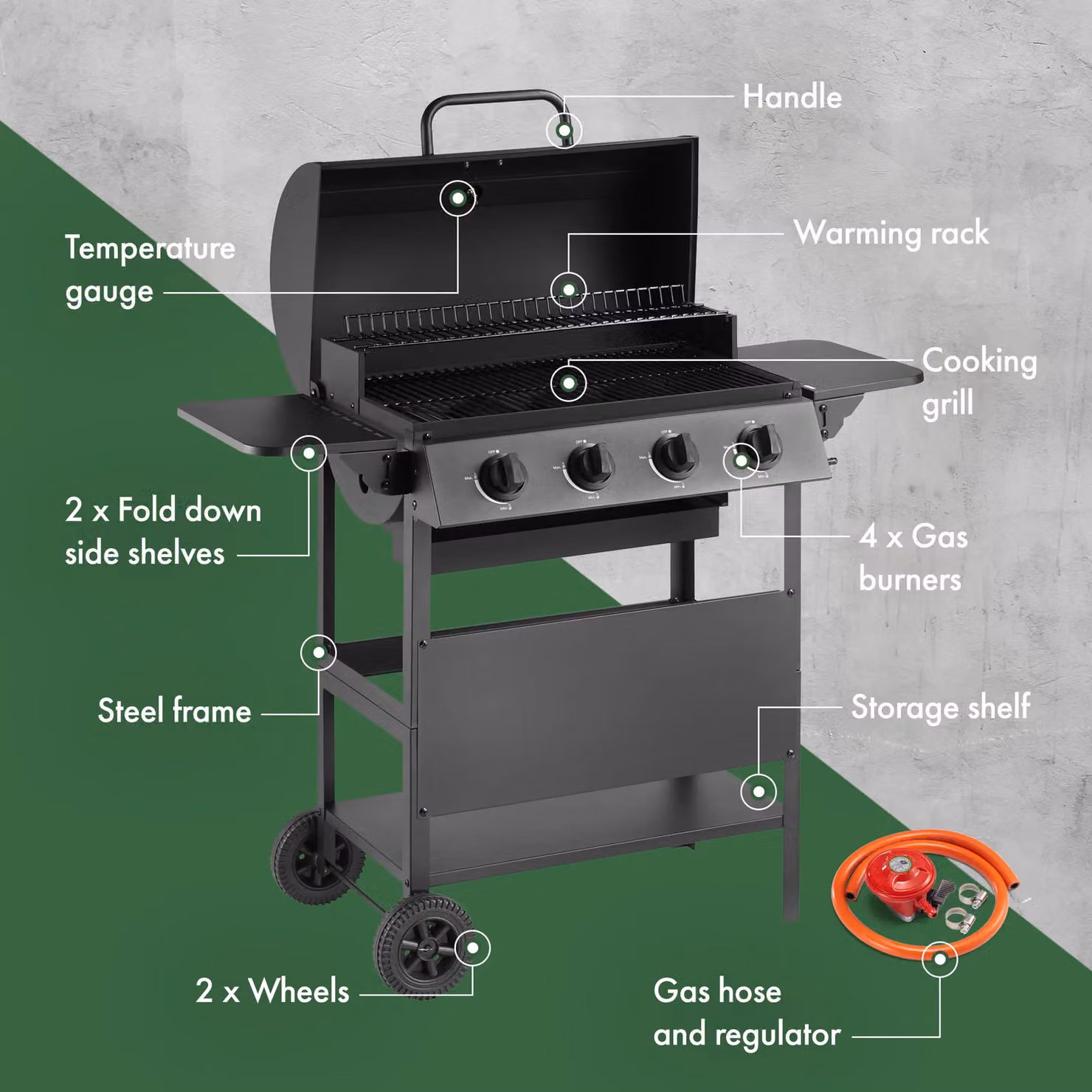 VonHaus 4-Burner Gas BBQ in Black with Thermometer and Warming Rack – 4