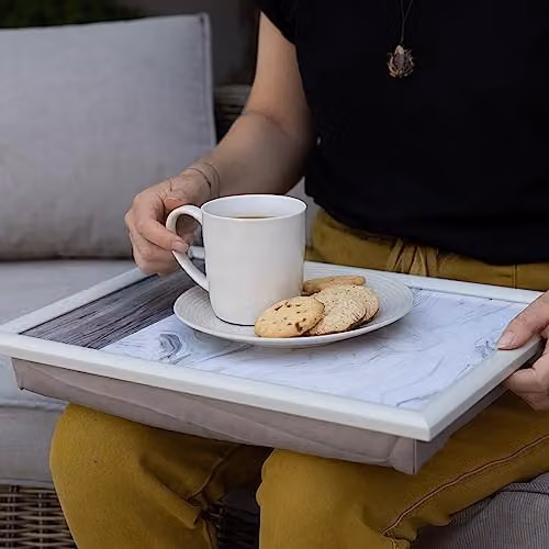 Creative Tops Cushioned Lap Tray with White Marble and Wood Design, White/Grey, W: 44 cm, D: 34 cm – 2