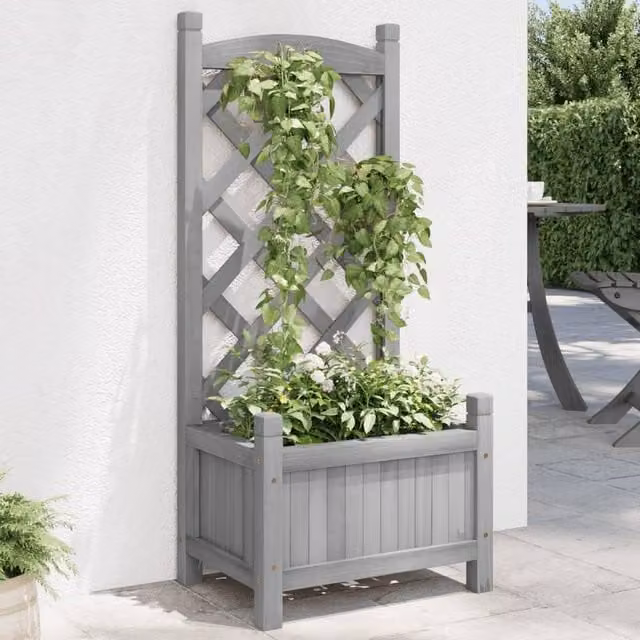 Berkfield Home Grey Solid Wood Fir Planter with Trellis
