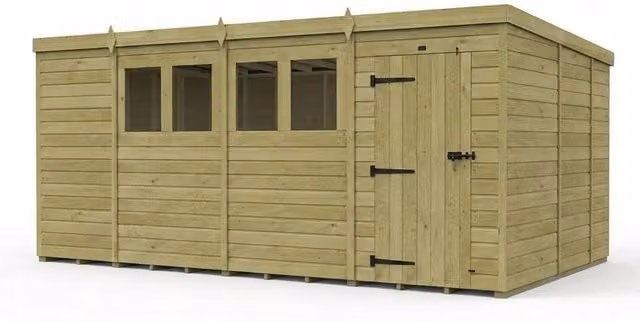 Buttercup Farm Brown Timber Pent Garden Shed with Single Door and Windows, W: 457.2 cm, D: 274.3 cm, H: 210 cm – 1