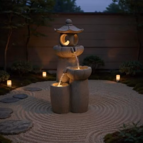 Garden Gear Serenity Cascading Pagoda Water Feature in Grey, Polyresin Outdoor Zen Garden Fountain with LED Lights, Height: 66 cm – 8