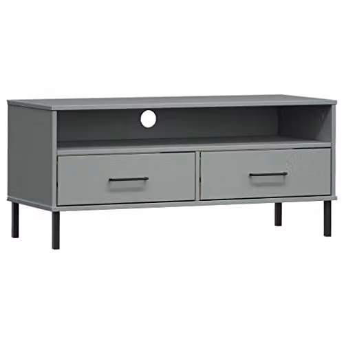 vidaXL OSLO TV Cabinet in Grey Solid Pine Wood with Metal Legs, W: 106.0 cm, H: 46.5 cm, D: 40.0 cm