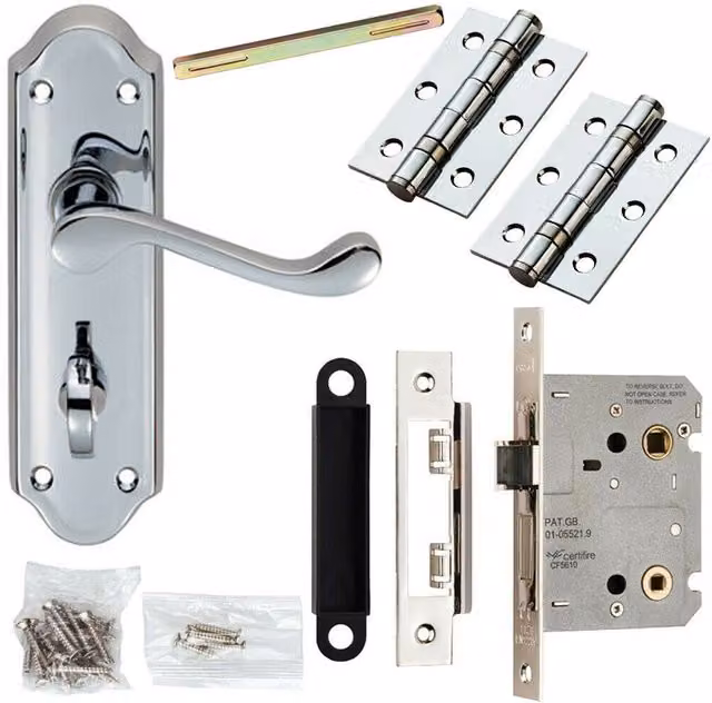 Loops Chrome Scroll Upturned Door Handle and Bathroom Lock Pack – 1