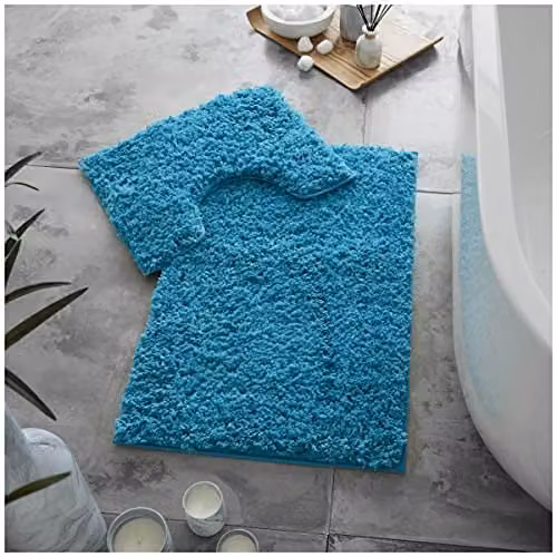 Gaveno Cavailia 2 Piece Zero Twist Non-Slip Bath Mat and Pedestal Set, Turquoise, W/D/H: 80 x 50 cm and 50 x 40 cm