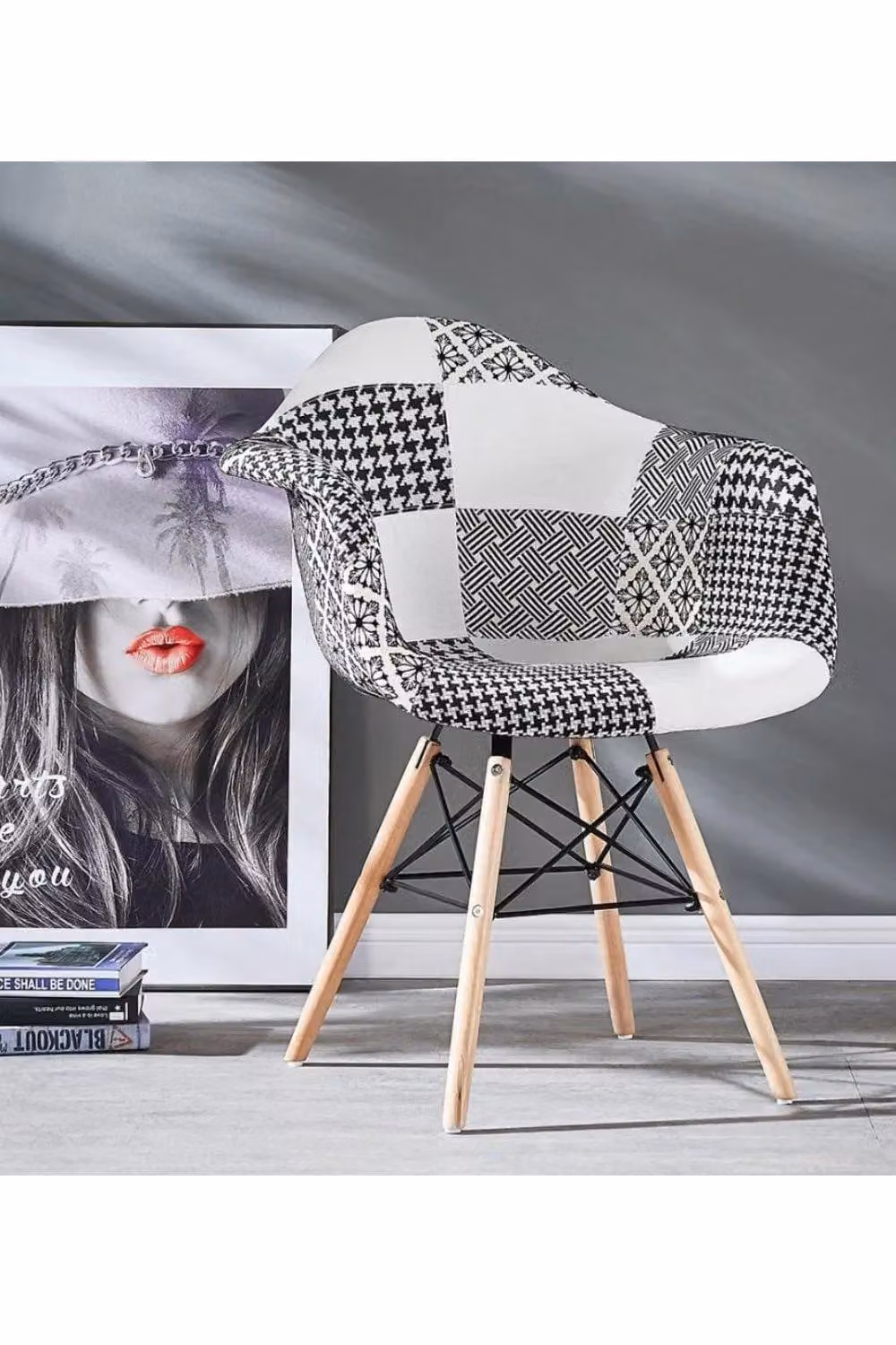 Life Interiors Set of 6 Chrono Patchwork Eiffel Tub Dining Chairs in Black, White and Multicolour with Wooden Legs and Metal Frame – 2