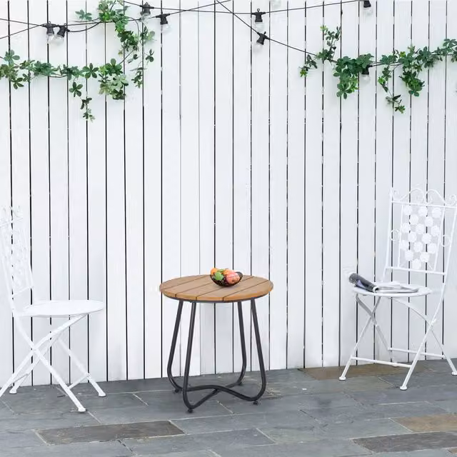 Outsunny Modern Round Outdoor Side Table with Adjustable Leg Pads in Natural Wood and Black
