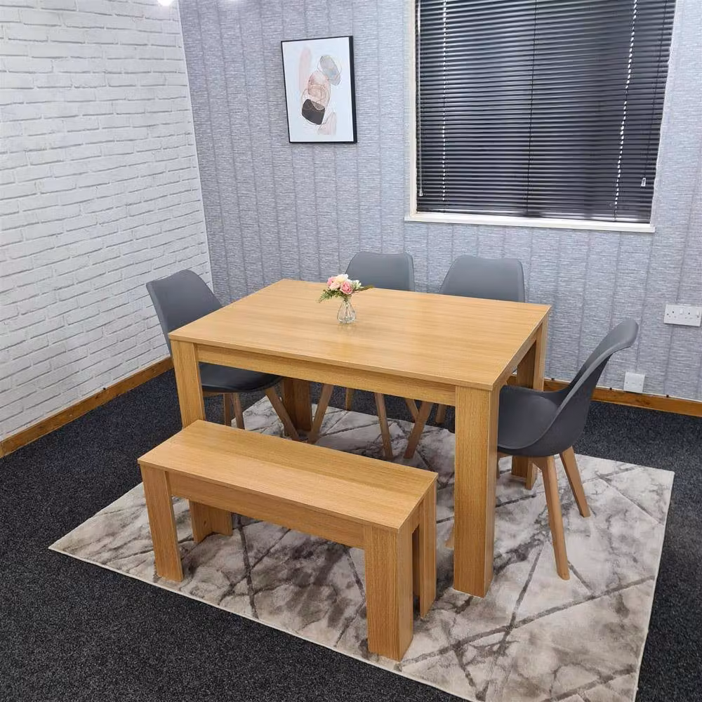 KOSY KOALA 6 Seater Modern Dining Set with Rectangular Brown Wood Table, 4 Grey Plastic Chairs and Bench – 2