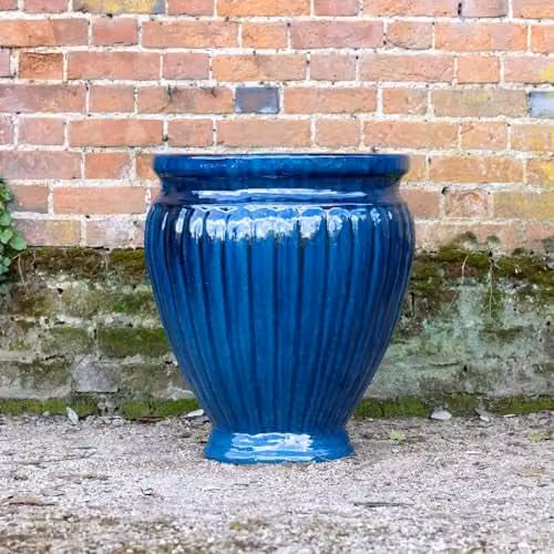 Primrose Rib Textured Glazed Terracotta Round Planter in Royal Blue, H 65 cm x W 55 cm x D 55 cm – 1