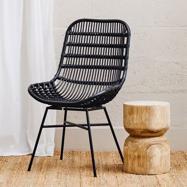 Orsina Black Natural Rattan Garden Armchair with Metal Frame