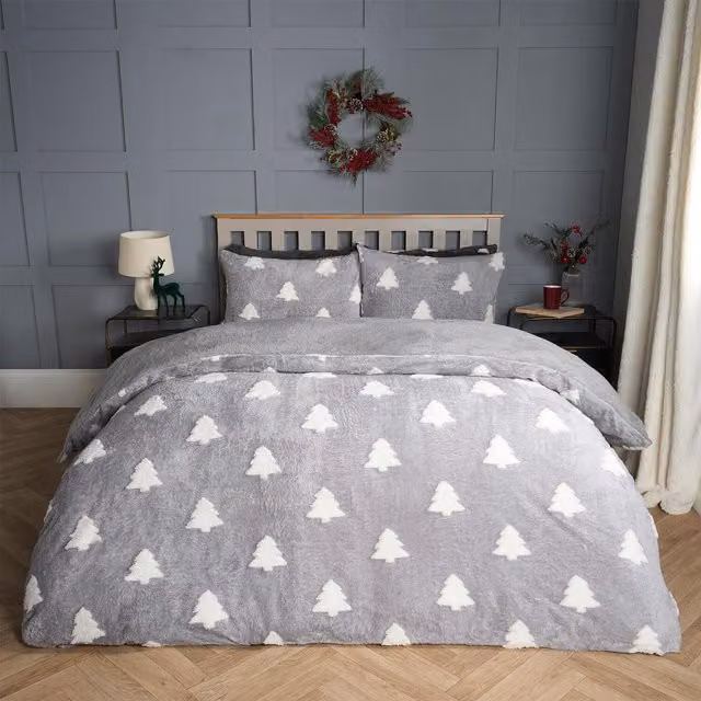 OHS Winter Tree Tufted Teddy Fleece Duvet Cover Set in Grey, 140 x 200 cm