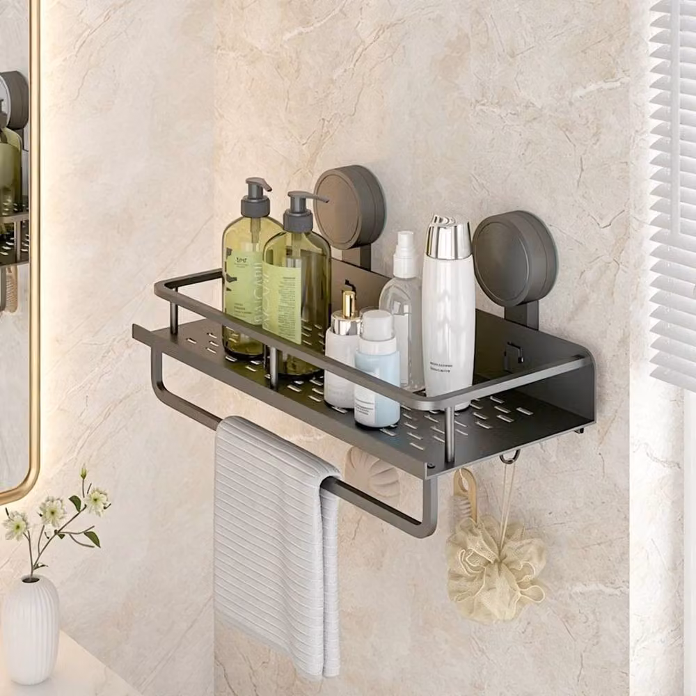 PAWNORA Grey Suction Cup Bathroom Shelf with Hanging Rod, Matt Aluminium Metal, 30 cm – 4