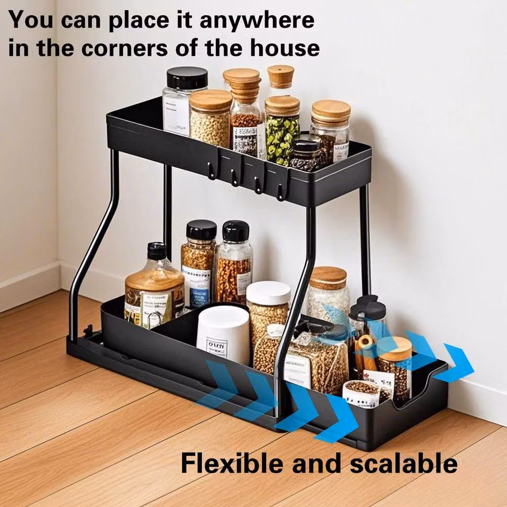 VOGREX 2-Tier Under Sink Pull Out Storage Basket in Black – 3