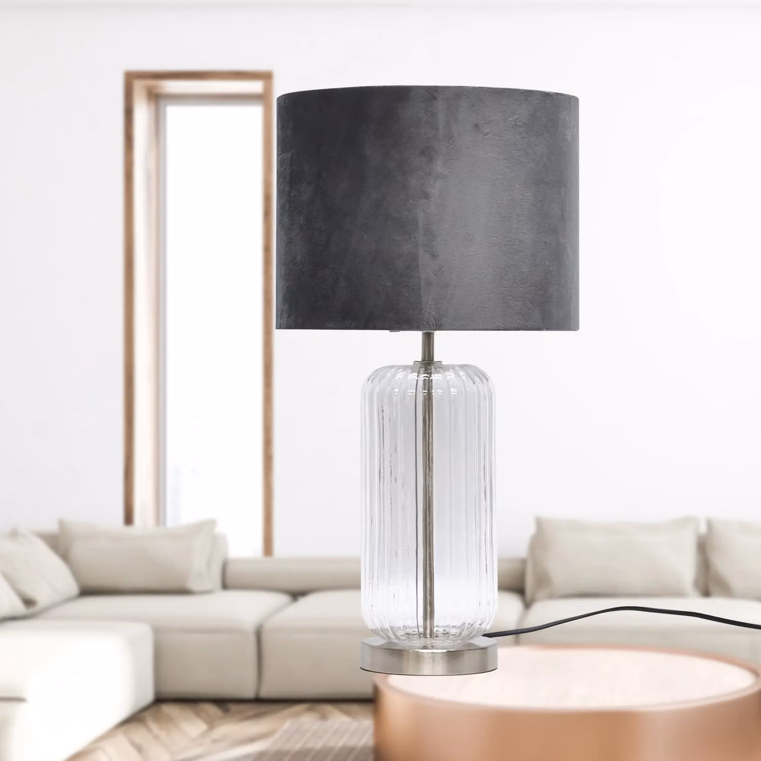First Choice Lighting Walpole Fluted Glass Table Lamp with Grey Shade in Brushed Chrome – 3