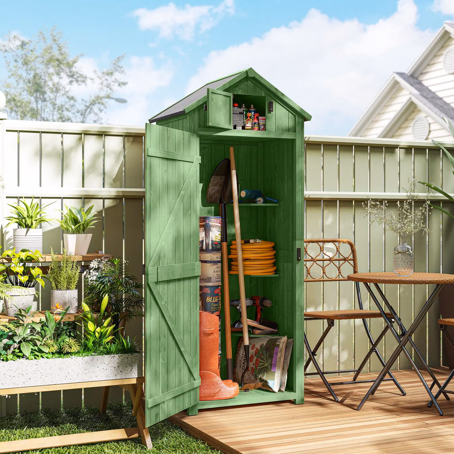 Outsunny Green Wooden Vertical Garden Storage Shed with 3 Shelves, W/D/H: 77 x 54.2 x 179 cm – 2