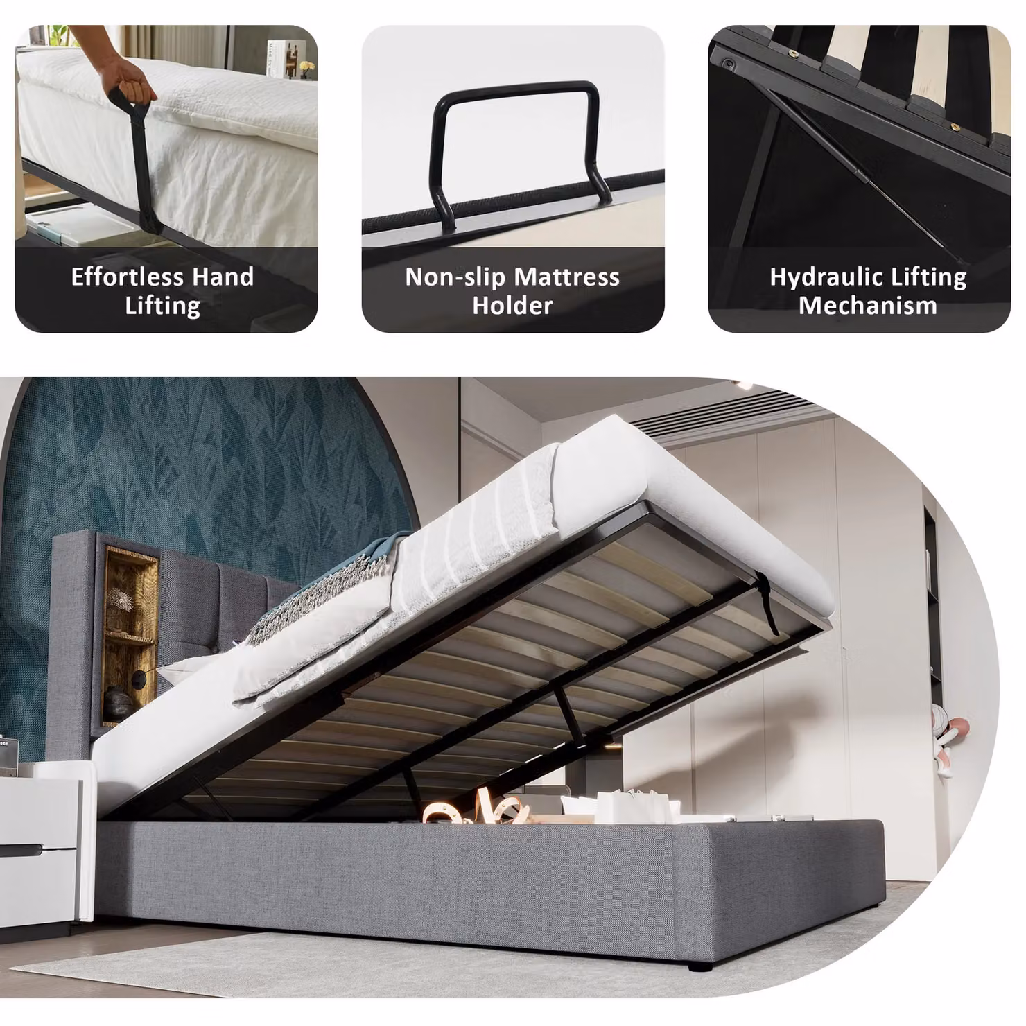 Matteo Upholstered Double Bed in Grey with USB Charging Port and Lift Up Base, W/D/H: 180 x 200 cm – 6