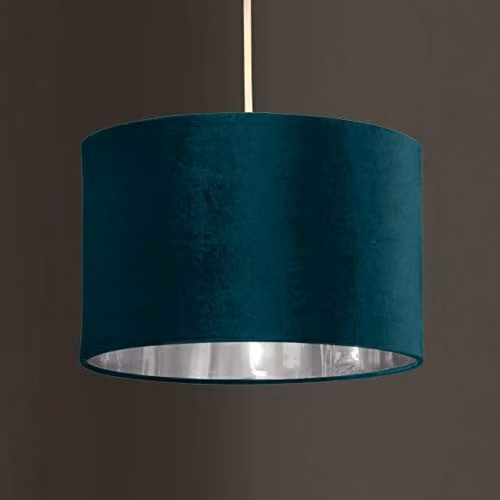 K LIVING Deco Velvet Teal Fabric Cylinder Ceiling Pendant Light Shade with Metallic Silver Inner Lining