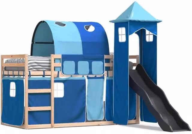 Berkfield Home Blue Solid Wood Childrens Bunk Bed with Slide and Curtains W/D/H: 80 x 200 cm