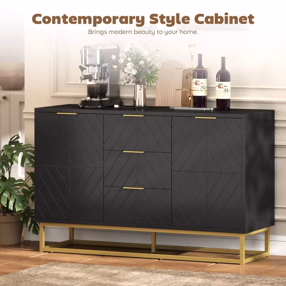 EONLION Black and Gold Modern Sideboard Storage Cabinet with 3 Drawers, Width: 100 cm – 3