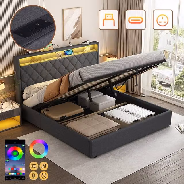 Rolipo Grey Double Ottoman Upholstered Bed Frame with LED Lighting and USB Charging Ports, W/D/H: 140 x 200 cm
