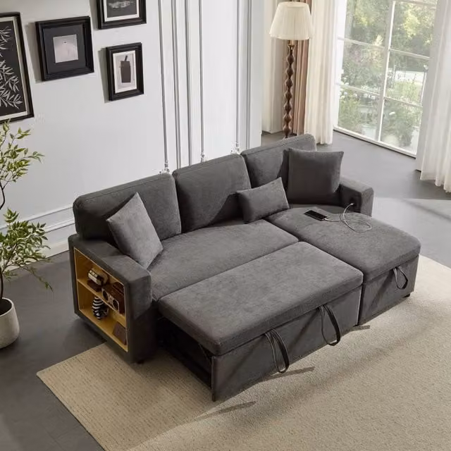Merax 3-Seater L-Shaped Reversible Pull-Out Corner Sofa Bed with USB Charging and Scatter Cushions in Grey