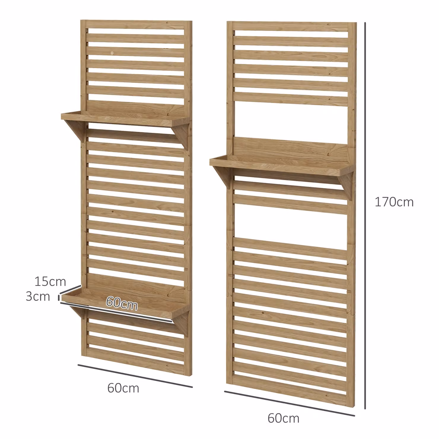 OUTSUNNY Set of 2 Wall Mounted Wooden Plant Stands with Shelves and Slatted Trellis in Sand/Brown – 2