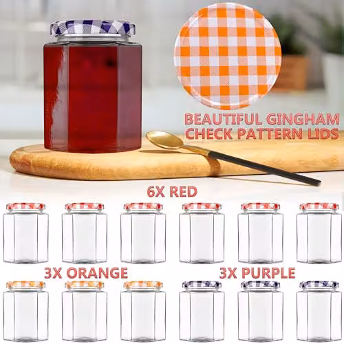 Deco Express Hexagon Glass Preserving Jars with Airtight Screw Lids, 12 Pack, 250 ml, Red, White and Multicolour – 6