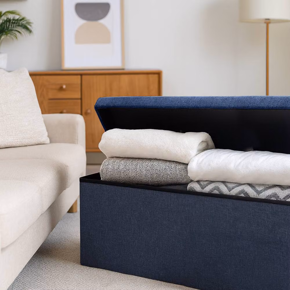 Harbour Housewares Foldable Storage Ottoman Bench in Blue Fabric, W/D/H: 111 x 39 x 36 cm – 10