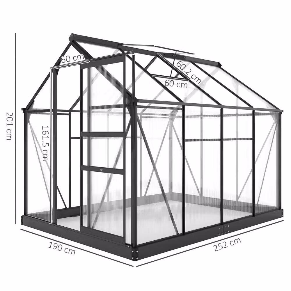 STILVORA Grey Walk-In Greenhouse with Aluminium Frame, Polycarbonate Panels, Sliding Door, Window and Rain Gutter, W/D/H: 190 x 190 x 201 cm – 3