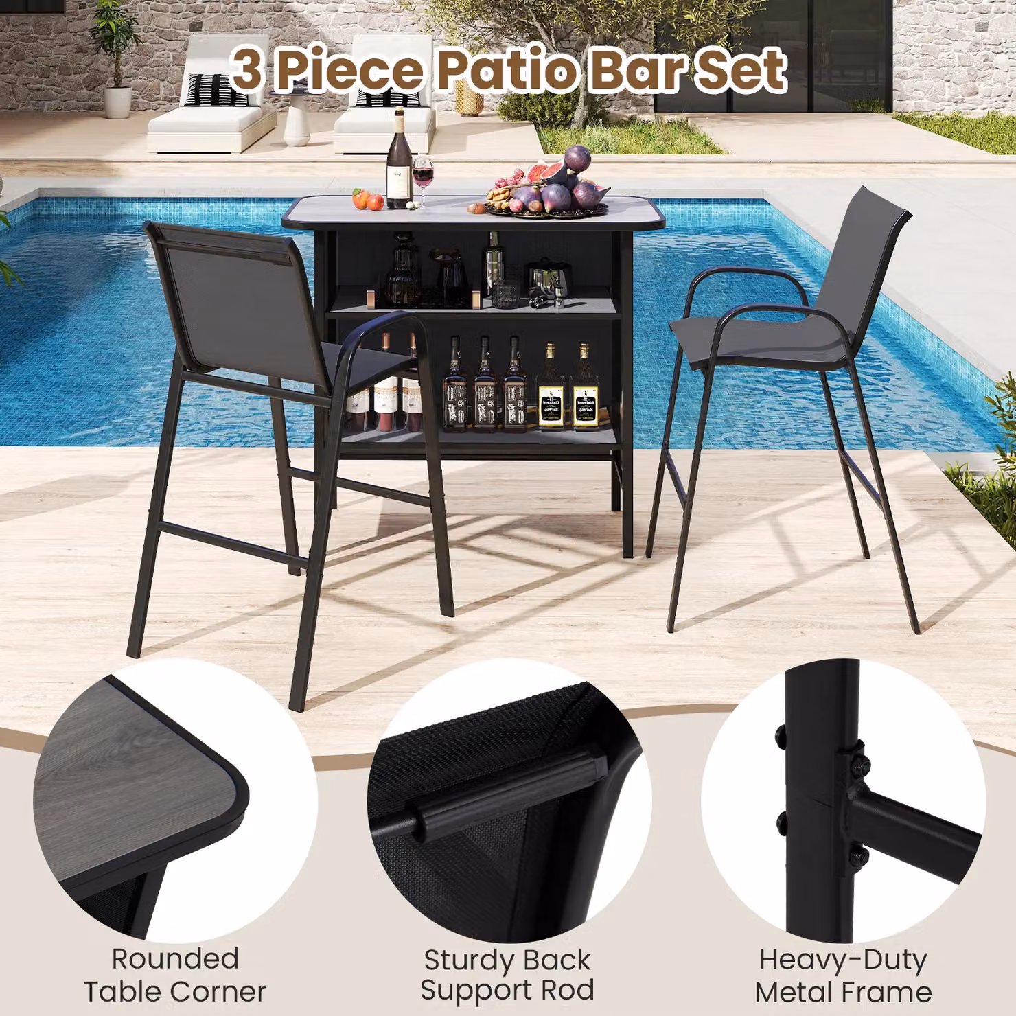 Gymax 3-Piece Outdoor Bar Set with Bar Table and Patio Chairs in Grey – 6