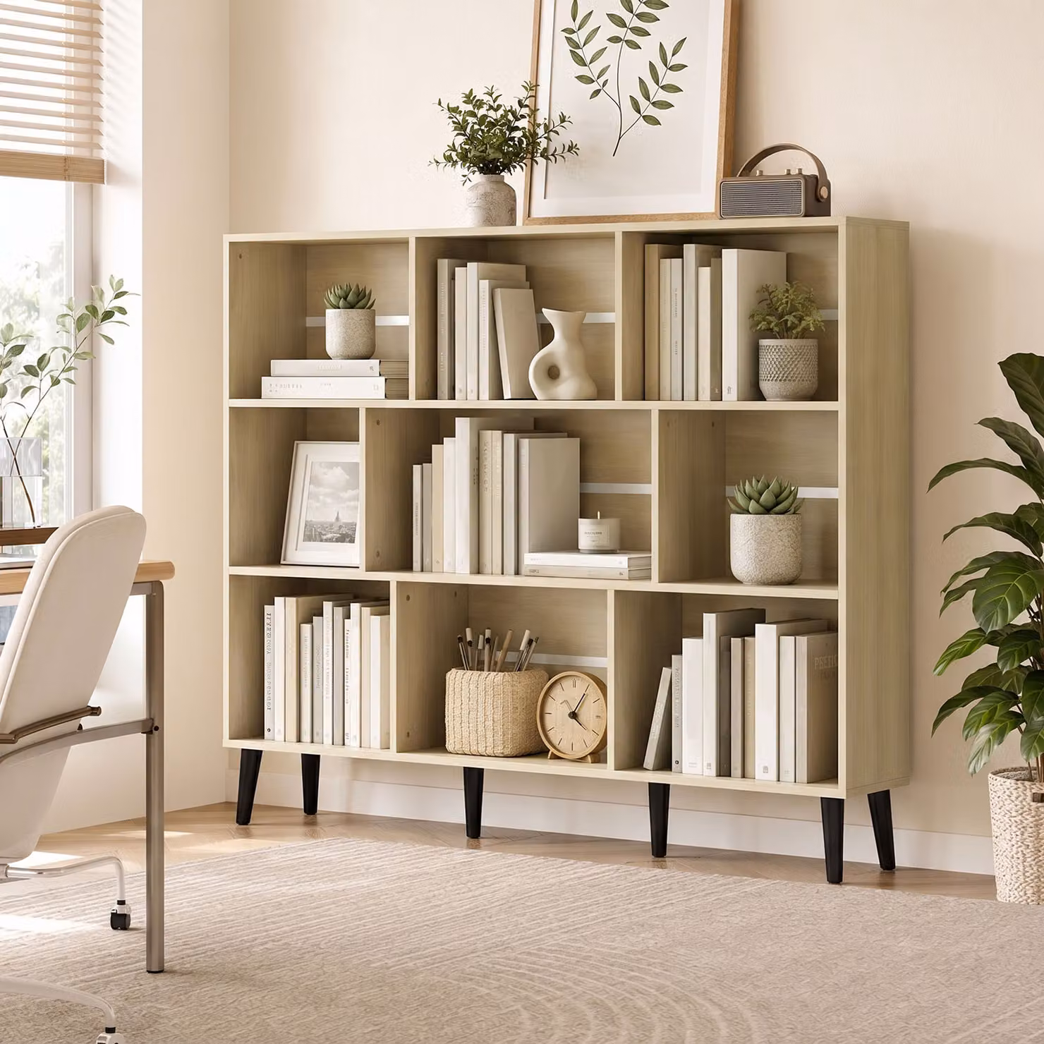HOMCOM 10-Cube Modern 3-Tier Bookcase with Solid Wood Legs in Brown Oak, H 140 x W 107 x D 24 cm – 2