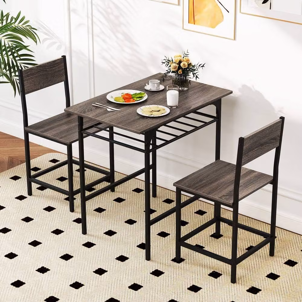 Costway 3-Piece Retro Dining Table and Chair Set, Grey Rectangular Wood Table with Metal Frame for 2 Adults – 5