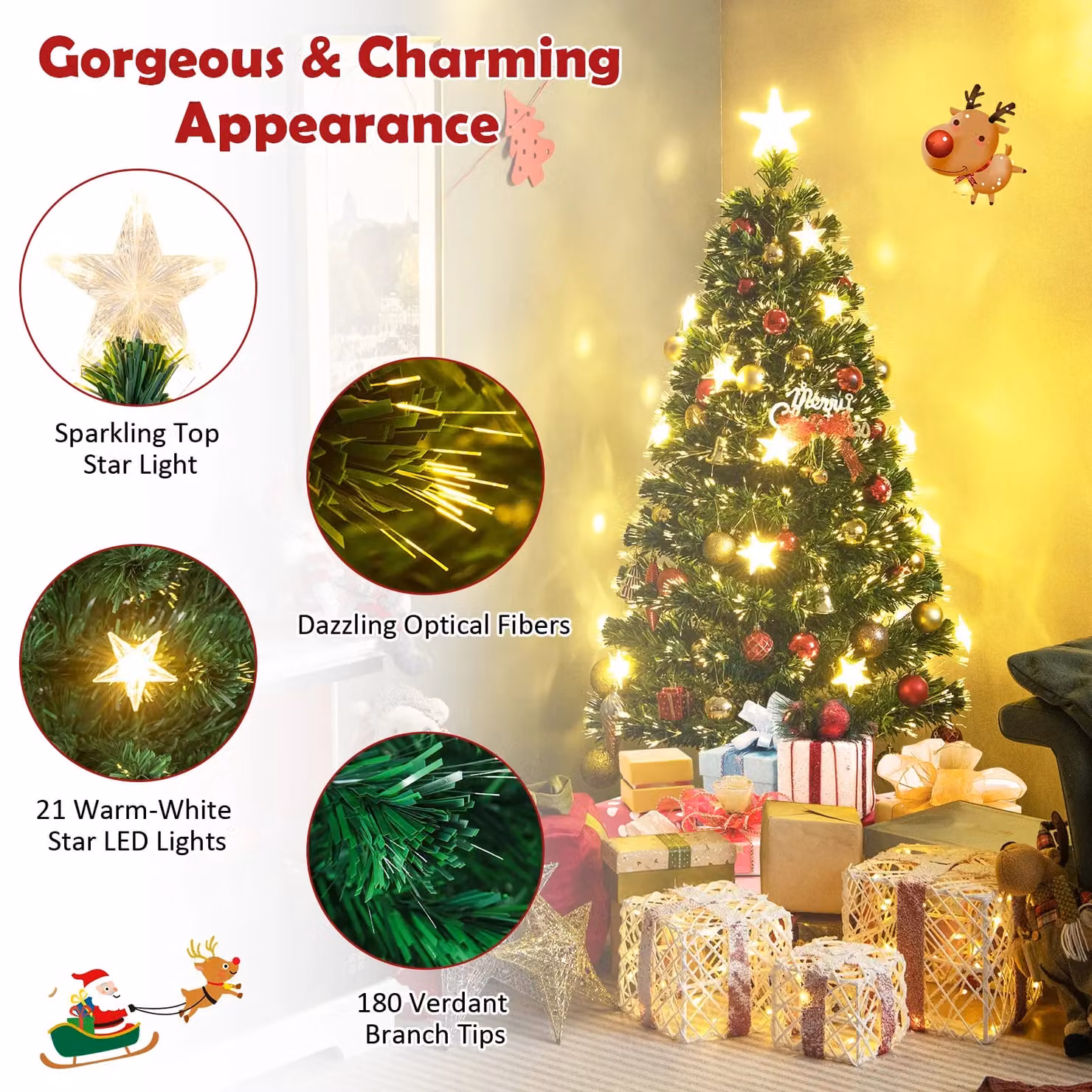 Costway 5ft Pre-Lit Artificial Christmas Tree with Fiber Optics in Green, H 152.4 cm x W 71.0 cm – 4