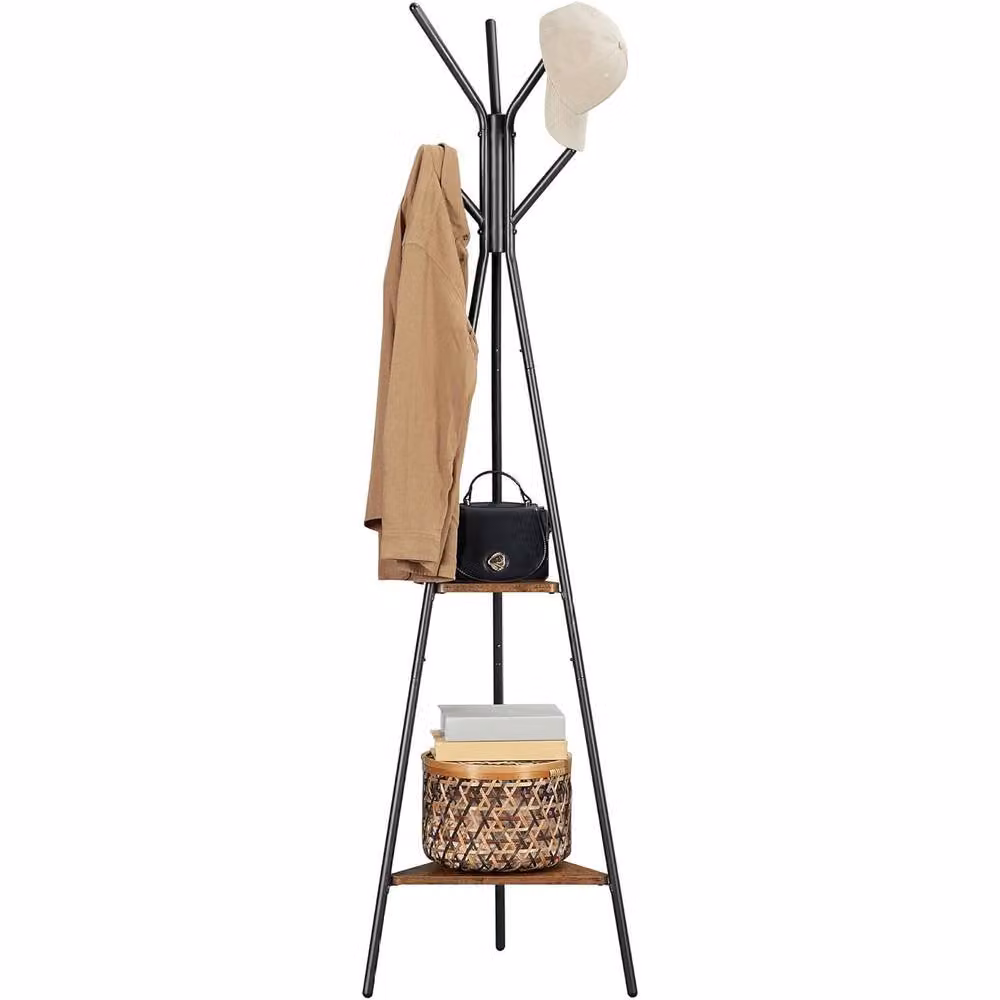 The Bazaarist Industrial Tripod Coat Rack with Shelves in Brown and Black – 2