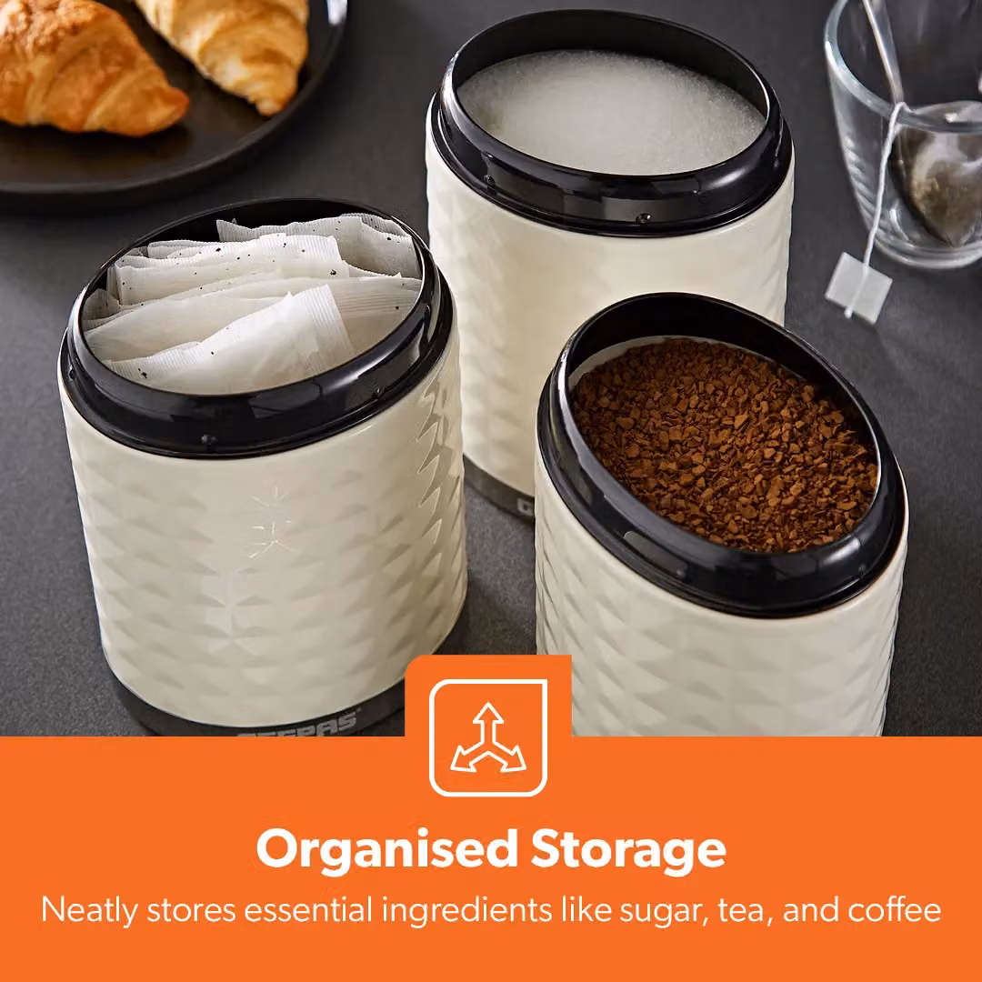 Geepas Argyle 3-Piece Airtight Tea Coffee Sugar Canister Set, 1.3 l, Beige/White – 3