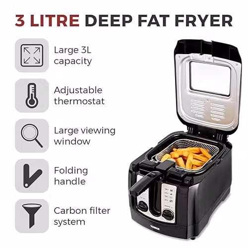 Tower T17002 Deep Fat Fryer with Timer and Adjustable Thermostat, 3L, 2300W, Black – 2
