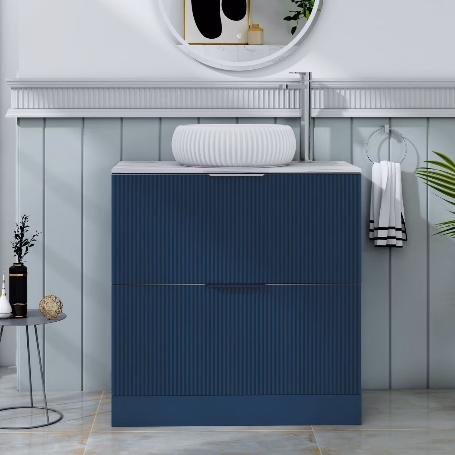 Royal Bathrooms Evora Midnight Blue Fluted Floor Standing 2 Drawer Vanity Unit with Milan Basin, Width: 80 cm
