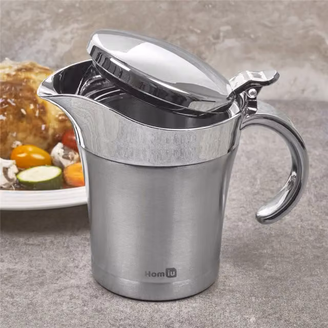 Homiu Stainless Steel Double Walled Gravy Jug with Lid, Grey