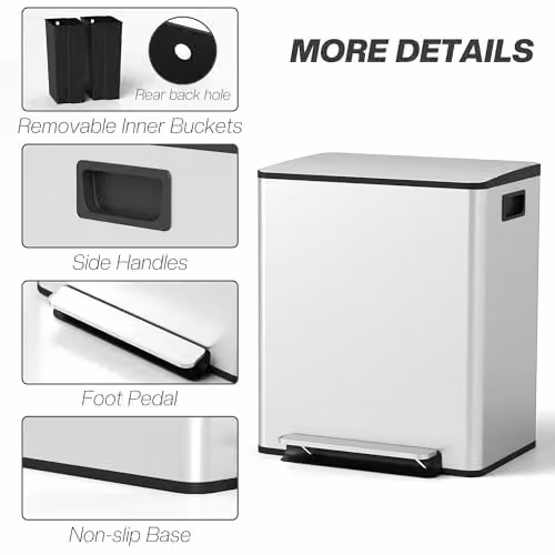 HOMCOM Dual Kitchen Pedal Bin with Soft-Close Lids and Removable Inner Buckets, Stainless Steel, Silver – 4