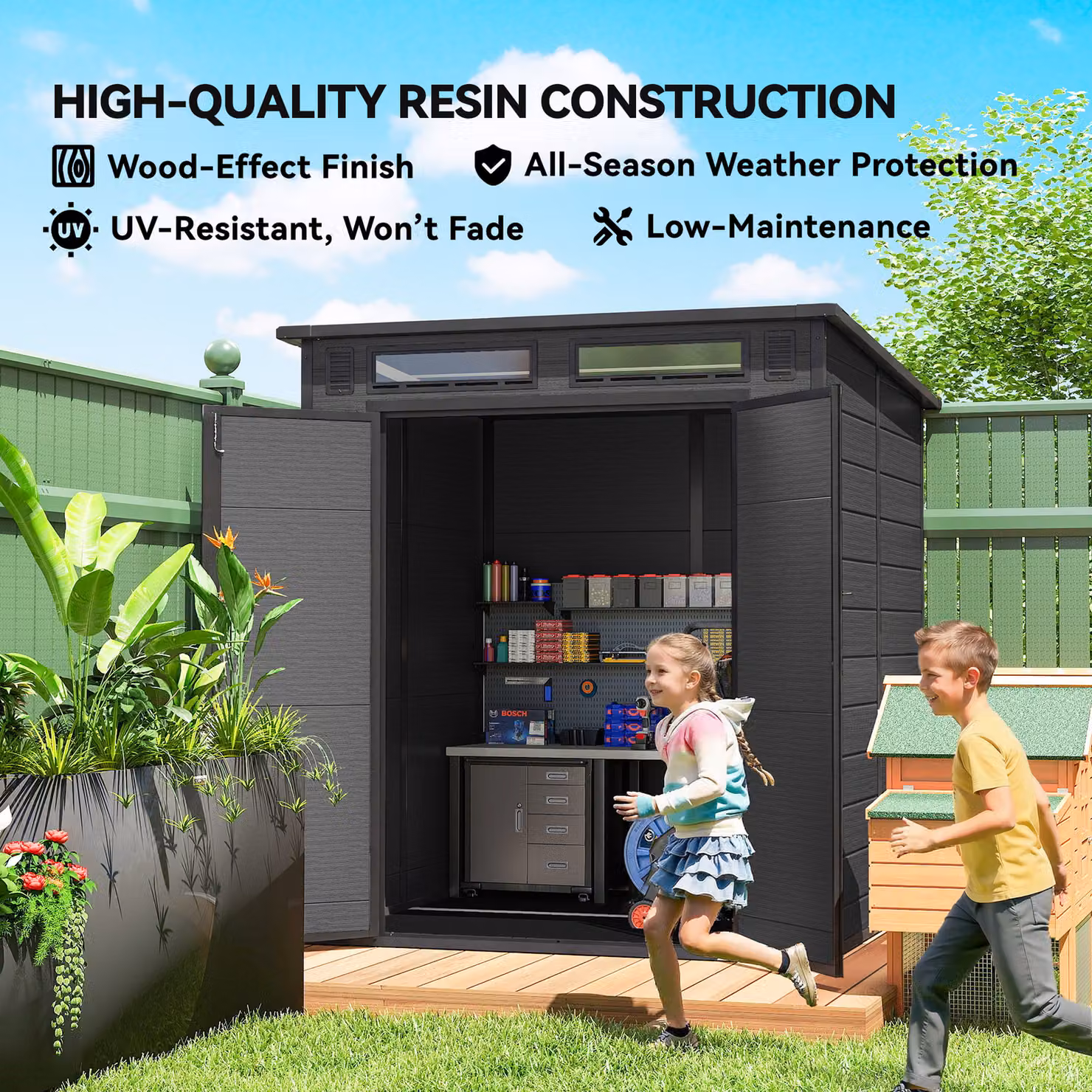 Outsunny Wood-Effect Plastic Garden Shed in Dark Grey with Windows, Floor and Lockable Double Doors – 7