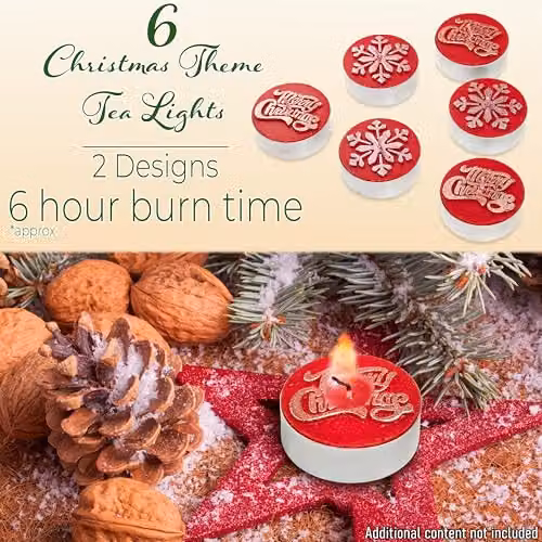 Deco Express Unscented Christmas Tealight Candle Set, Red, 6 Pack with 6 Hours Burning Time – 2