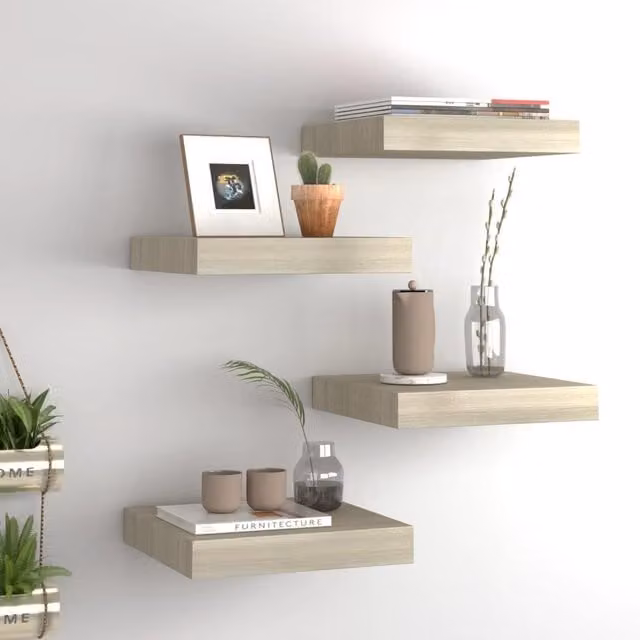 Berkfield Home Set of 4 Floating Wall Shelves in Oak Brown MDF, W/D/H: 23 x 23.5 x 4 cm