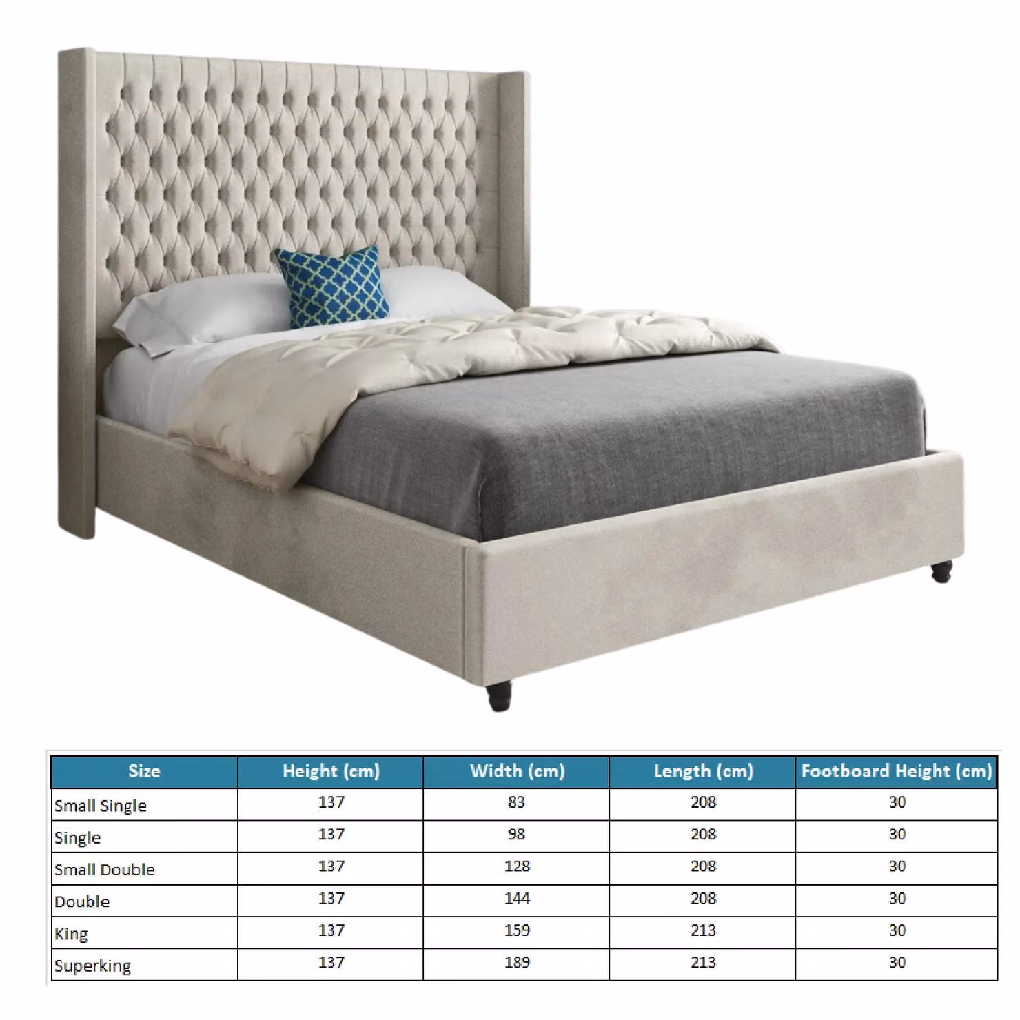 Casani Volta Straight Winged Upholstered Soft Velvet Bed Frame in Beige, W/D/H: 140 x 200 cm – 4