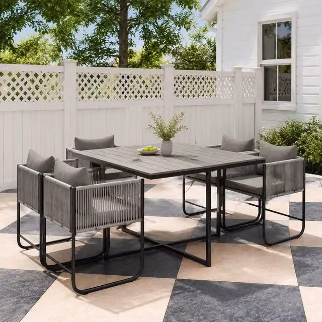 STILVORA 4-Seater Modern Dining Set in Grey with Metal and Rattan Design