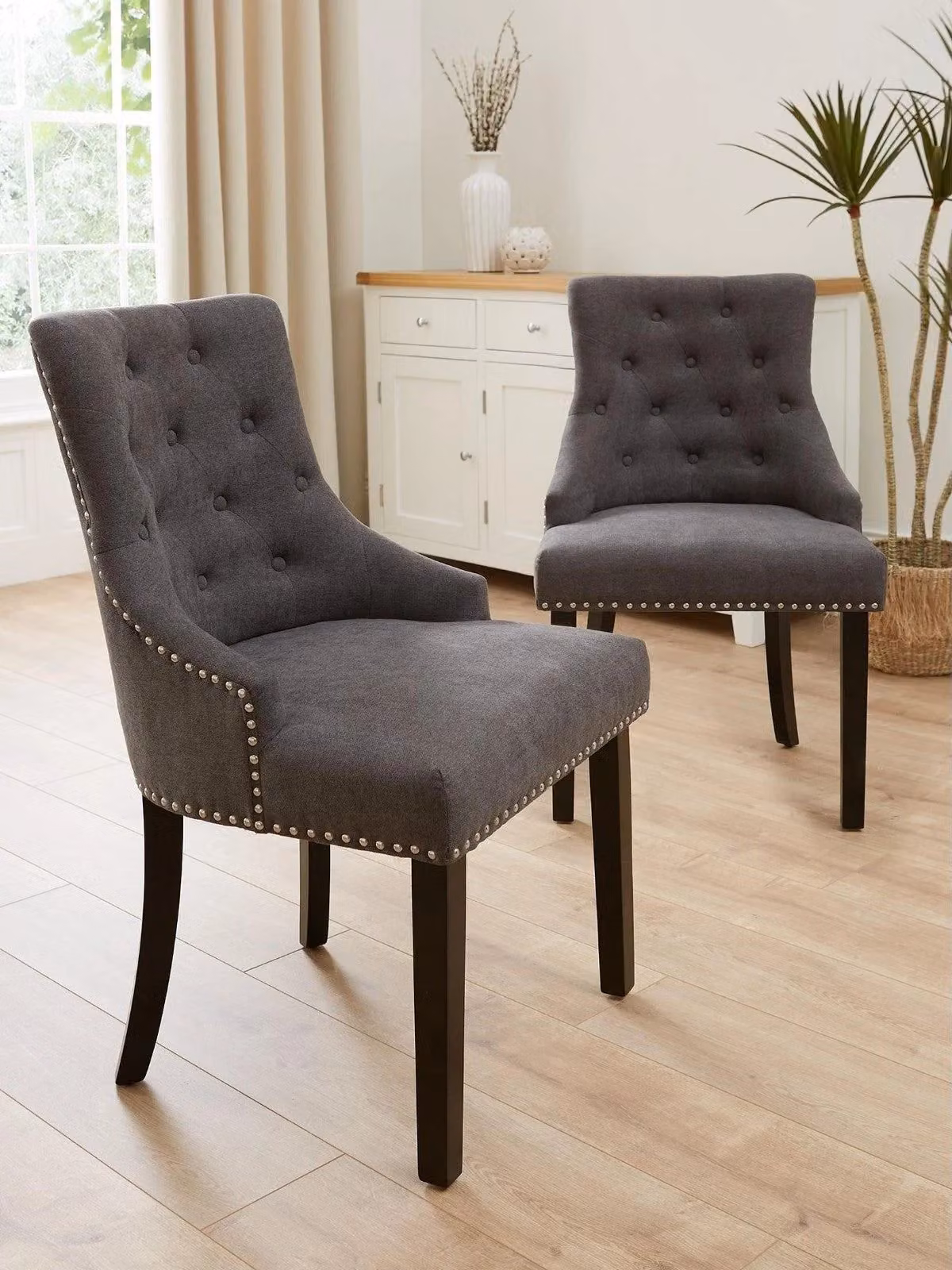 Very Home Classic Upholstered Fabric Dining Chairs in Grey and Black with Rubberwood Legs